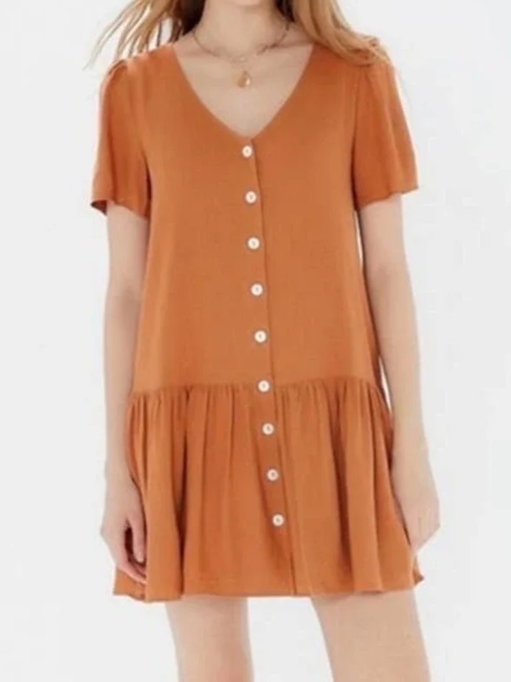 Urban Outfitters Houston Button Down Linen Blend Rust‎ Drop Waist Babydoll Dress